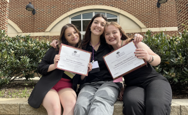 From left: Brooke Bromberg, Madisyn Padgett, and Madison Sharrock pose with their South Carolina Press Association awards at Winthrop University.